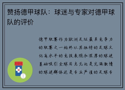 赞扬德甲球队：球迷与专家对德甲球队的评价
